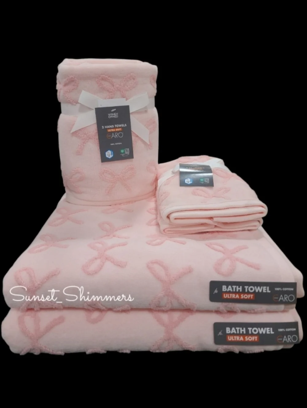 Caro Home 6pc Pink On Pink Coquette Bows Cotton Towel Set 2 Bath 2 Hand 2Tip NEW